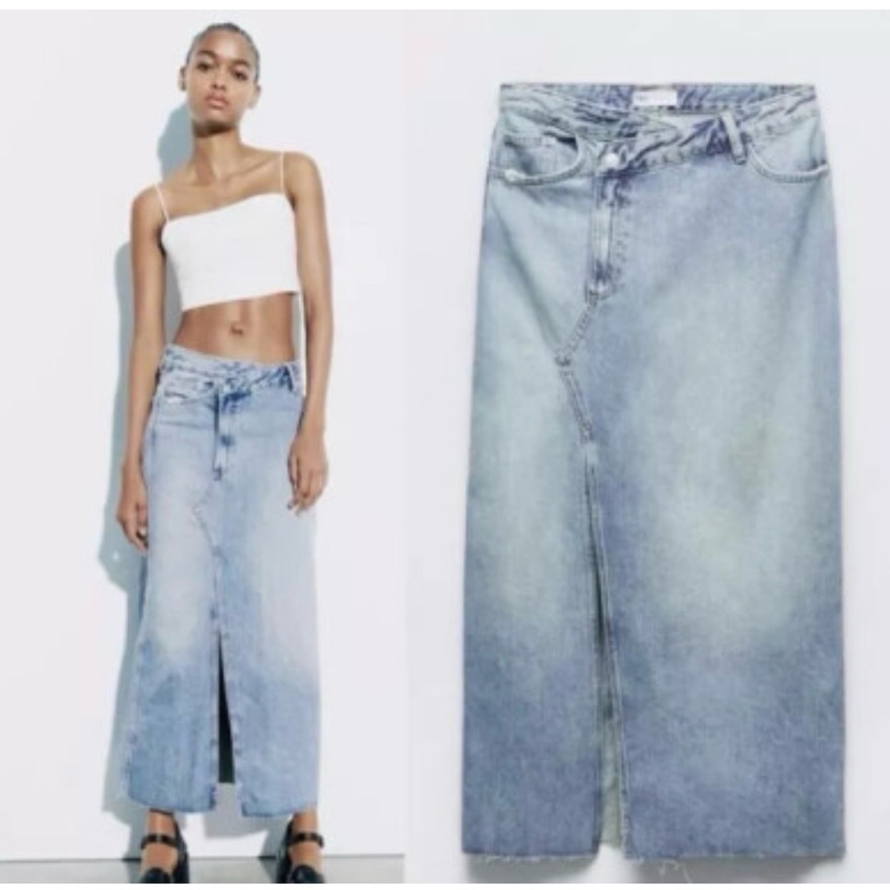 💙 ZARA Asymmetrical Long Denim Skirt Blue with front slit 💙SZ-XS